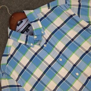 Tommy Hilfiger Mens Large Blue Green Plaid Stretch Button Down Shirt Long Sleeve